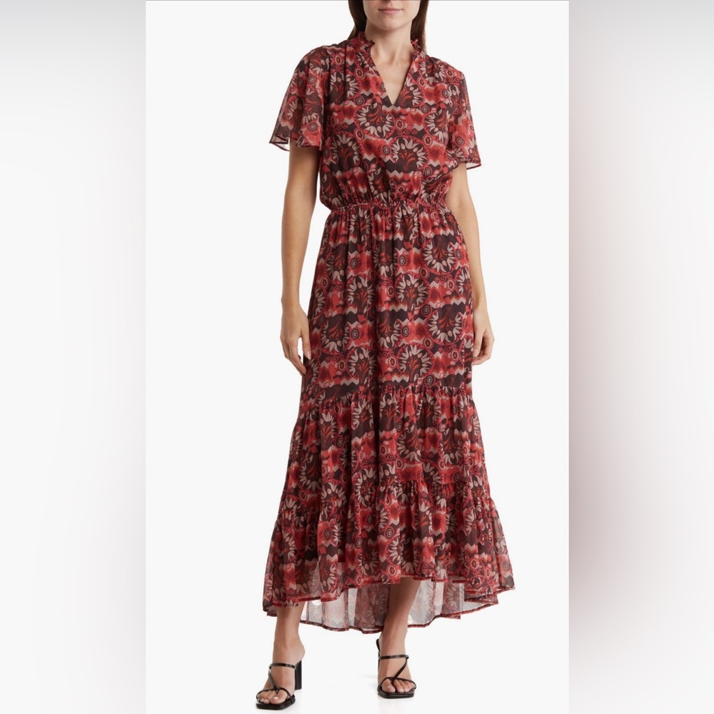 Area Stars Floral Flutter Sleeve Tiered Maxi Dress